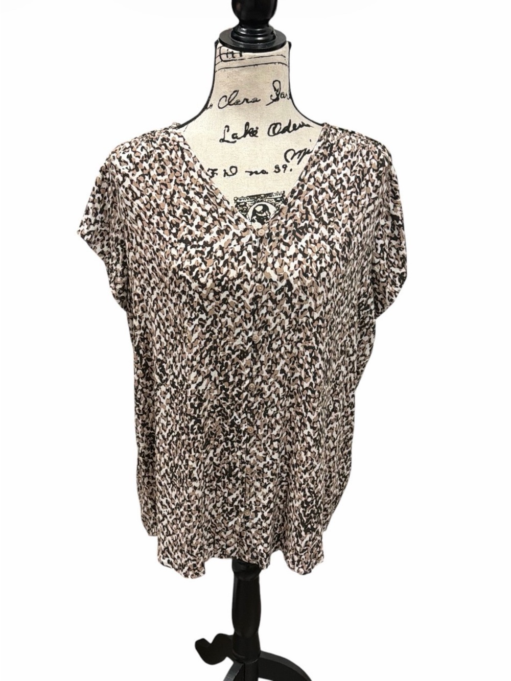 Liz Claiborne Women’s LT Large Tall Brown Black Abstract Print V-Neck Blouse Top